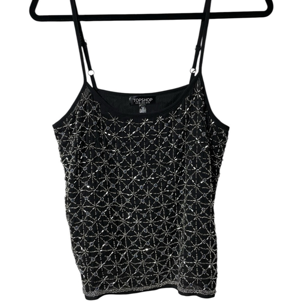 Topshop Black Sequin Square Neck Camisole Size 6
